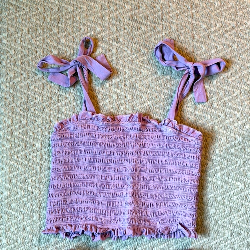 Katie J Tween Smocked crop top, size S. Purple.